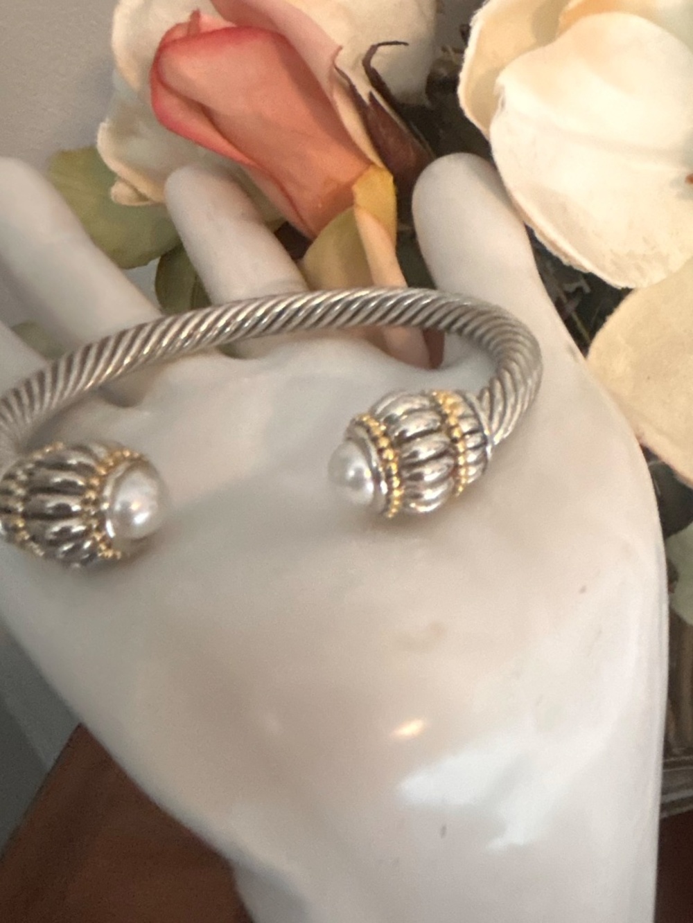 Vintage Inspired Silver Tone Rope Cuff Bracelet w/ Faux Pearls and Gold Tone